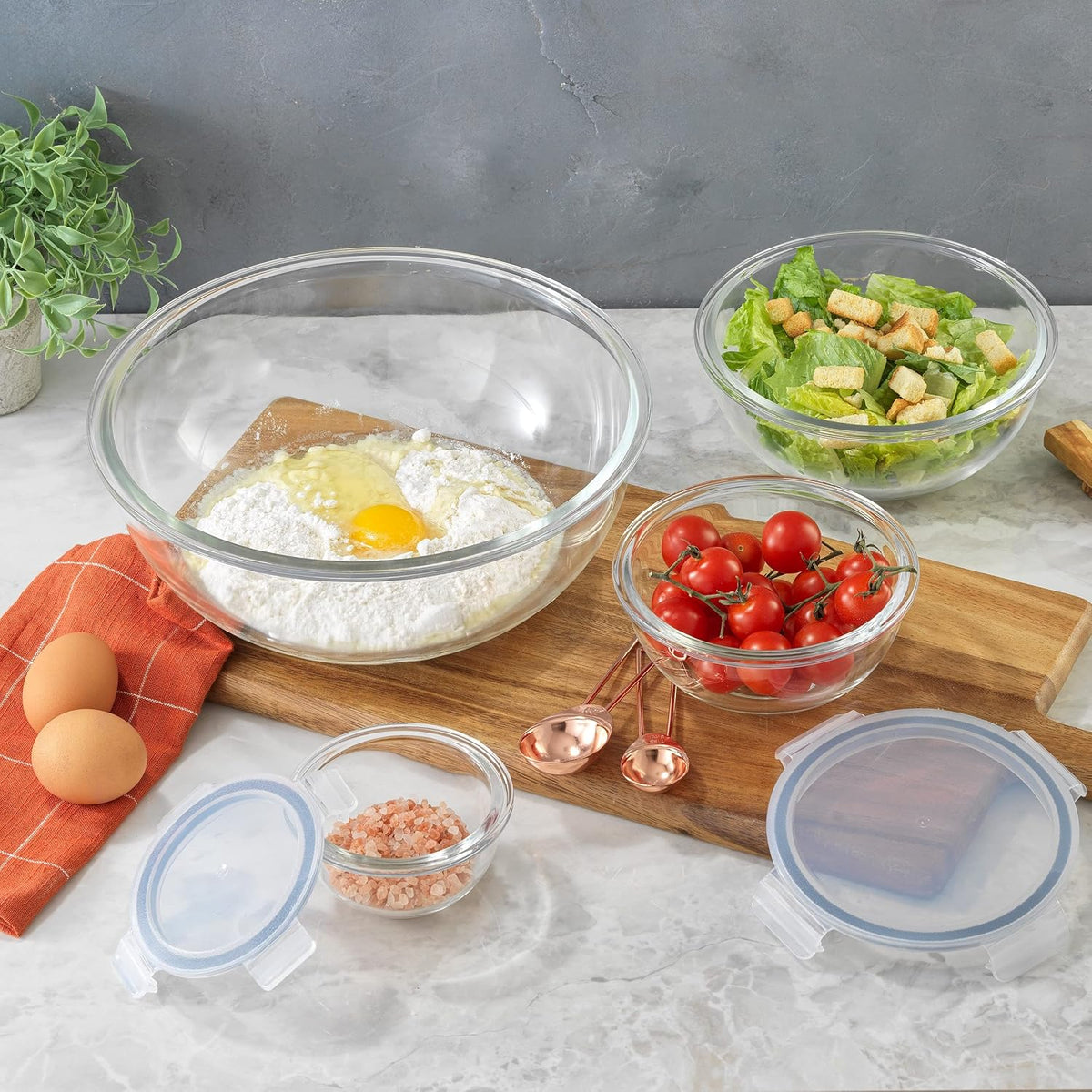 Kitchen Mixing Bowls. 5pc Glass Bowls with Lids Set – Neat Nesting Bowls. Large Mixing Bowl Set incl Batter Bowl, Cooking Bowls, Storage Bowls with Lids and Big Salad Bowl with BPA-Free Lids