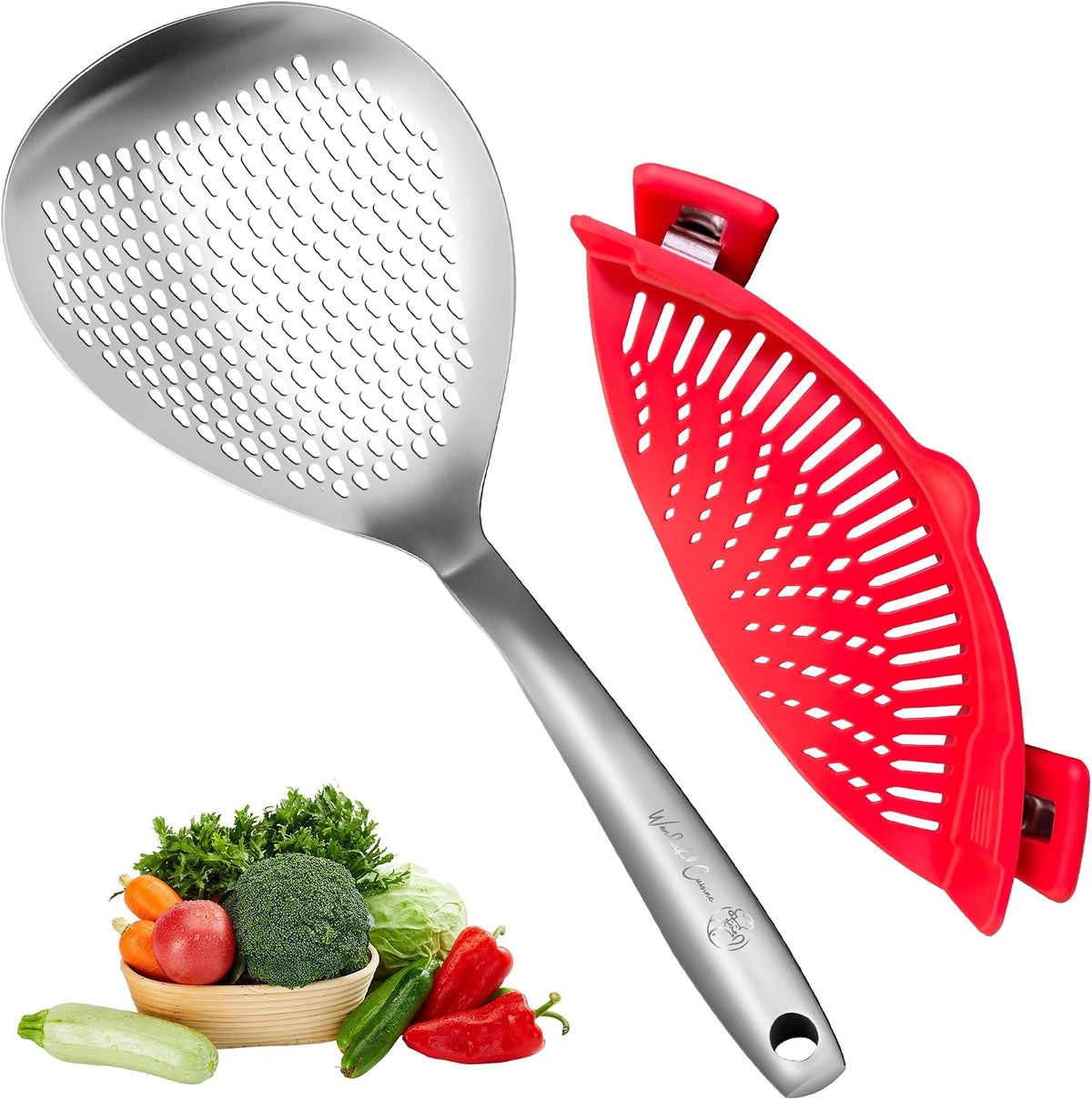 Stainless Steel Skimmer Spoon with Silicone Clip-On Strainer – Multi-Purpose Pasta Strainer, Spider Ladle, Pot Drainer Tool – Heat Resistant & Easy to Clean