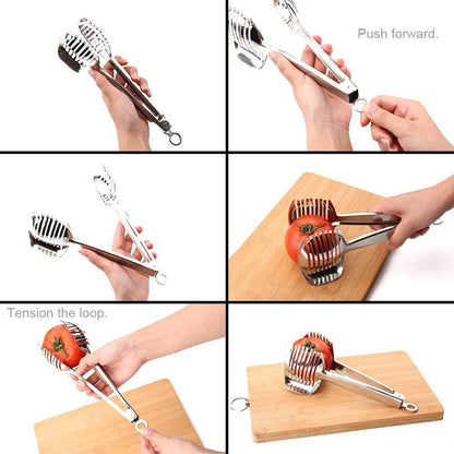 Tomato Lemon Slicer Holder Round Fruits Onion Shreader Cutter Guide Tongs with Handle Kitchen Cutting Potato Lime Food Stand Stainless Steel