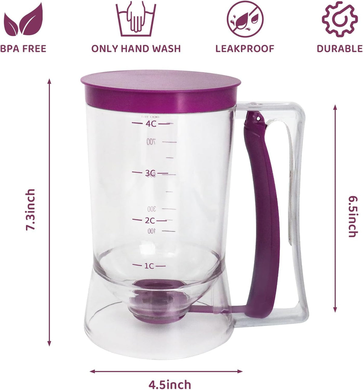Pancake Batter Dispenser, Kitchen Must Have Tool for Perfect Pancakes, Cupcake, Waffle, Cake & Crepe, Batter Separator Maker with Measuring Label, Easy Pour Baking Supplies for Griddle (Purple)