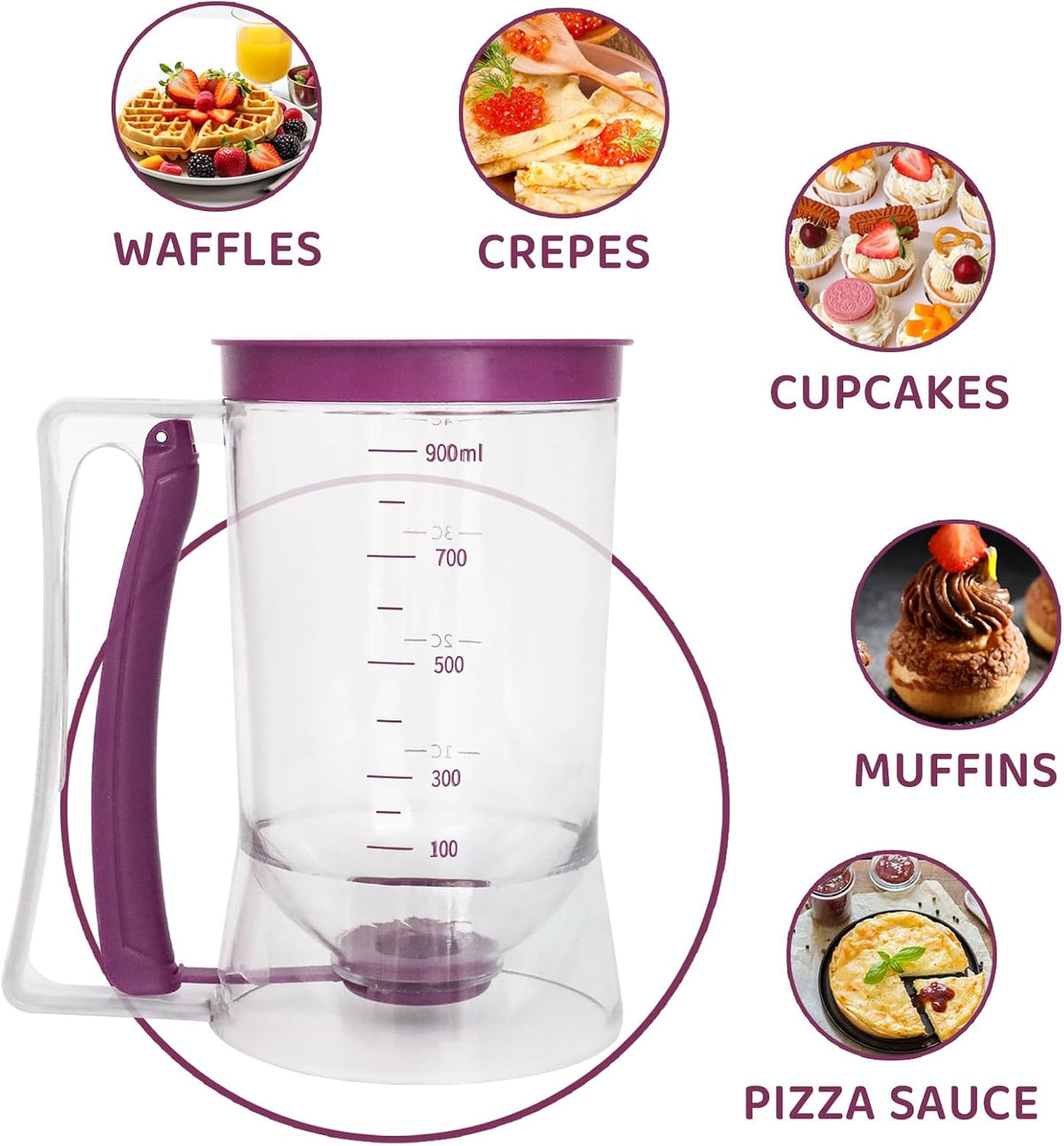 Pancake Batter Dispenser, Kitchen Must Have Tool for Perfect Pancakes, Cupcake, Waffle, Cake & Crepe, Batter Separator Maker with Measuring Label, Easy Pour Baking Supplies for Griddle (Purple)