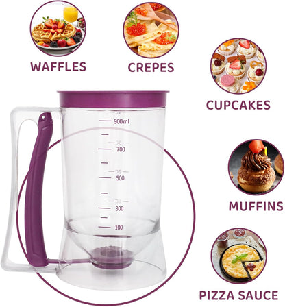 Pancake Batter Dispenser, Kitchen Must Have Tool for Perfect Pancakes, Cupcake, Waffle, Cake & Crepe, Batter Separator Maker with Measuring Label, Easy Pour Baking Supplies for Griddle (Purple)