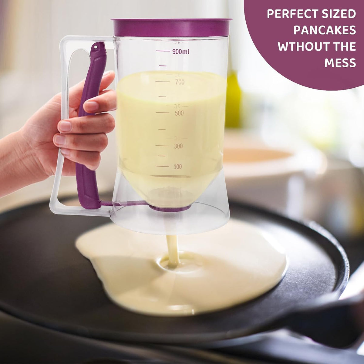 Pancake Batter Dispenser, Kitchen Must Have Tool for Perfect Pancakes, Cupcake, Waffle, Cake & Crepe, Batter Separator Maker with Measuring Label, Easy Pour Baking Supplies for Griddle (Purple)