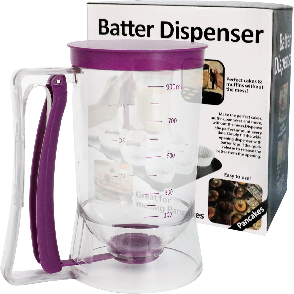 Pancake Batter Dispenser, Kitchen Must Have Tool for Perfect Pancakes, Cupcake, Waffle, Cake & Crepe, Batter Separator Maker with Measuring Label, Easy Pour Baking Supplies for Griddle (Purple)