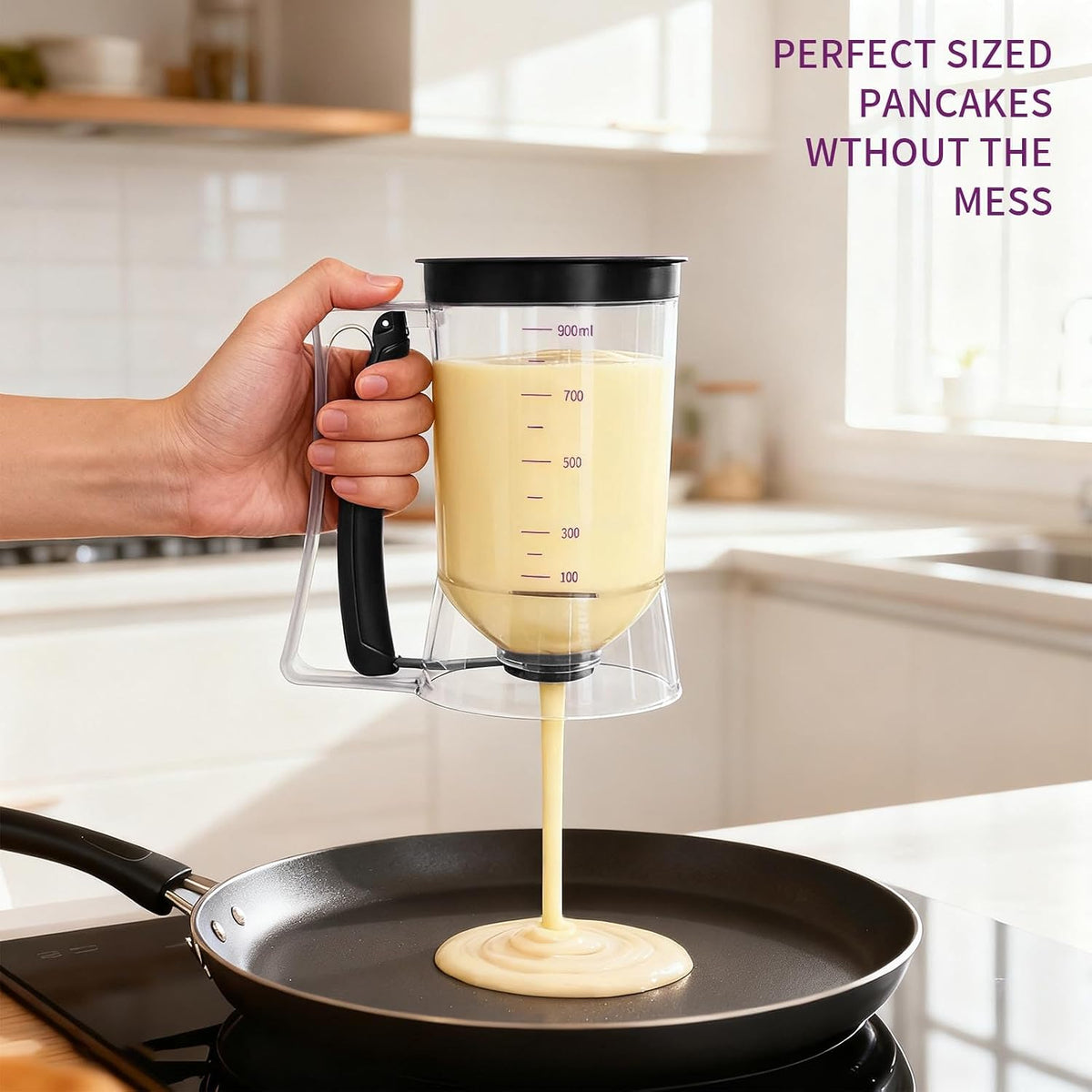 Pancake Batter Dispenser, Kitchen Must Have Tool for Perfect Pancakes, Cupcake, Waffle, Cake & Crepe, Batter Separator Maker with Measuring Label, Easy Pour Baking Supplies for Griddle (Purple)