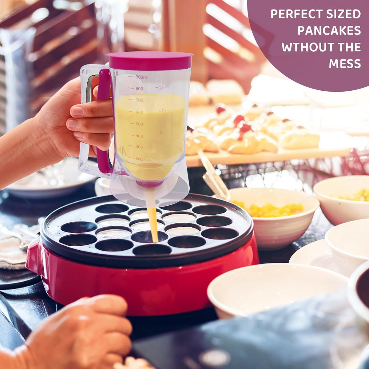 Pancake Batter Dispenser, Kitchen Must Have Tool for Perfect Pancakes, Cupcake, Waffle, Cake & Crepe, Batter Separator Maker with Measuring Label, Easy Pour Baking Supplies for Griddle (Purple)