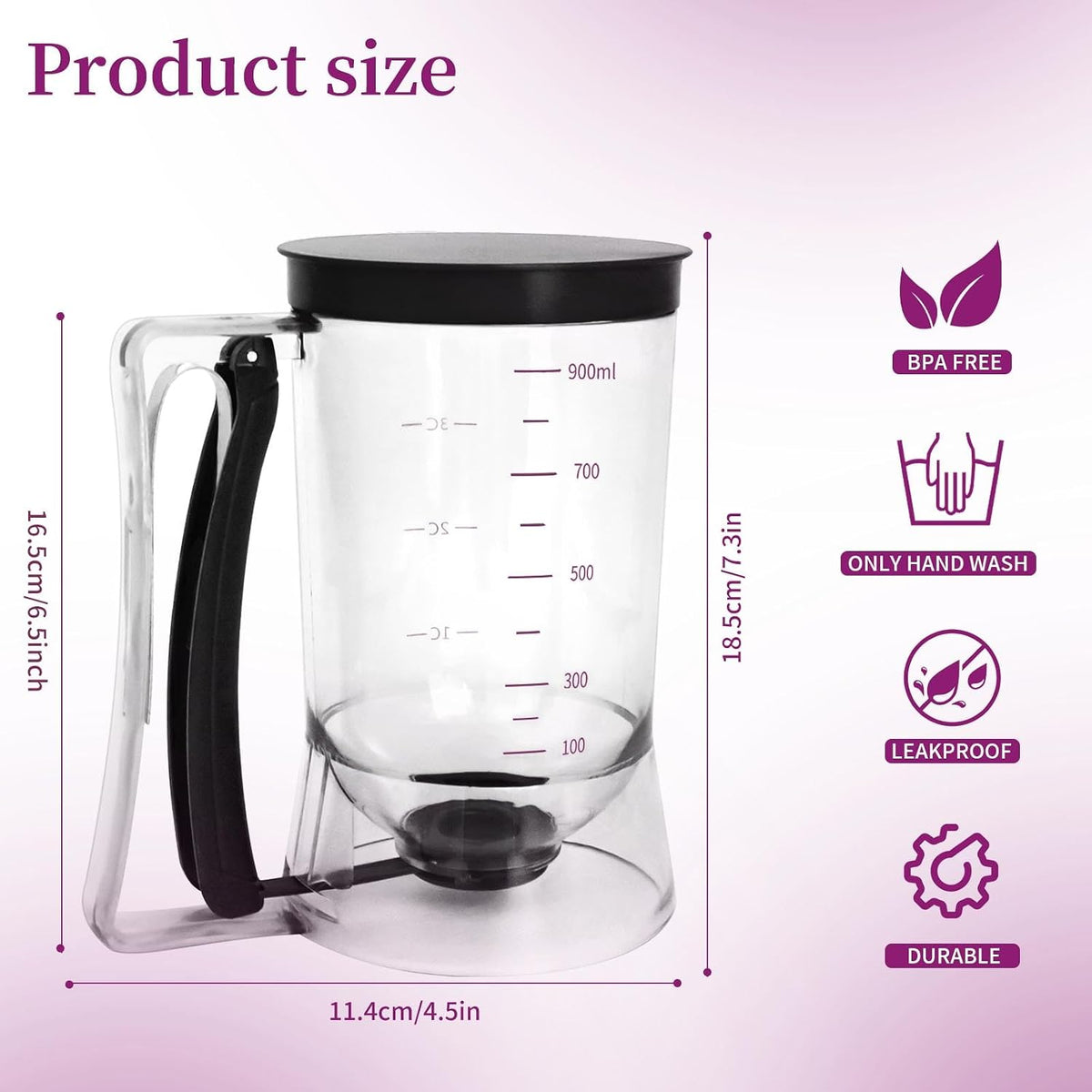 Pancake Batter Dispenser, Kitchen Must Have Tool for Perfect Pancakes, Cupcake, Waffle, Cake & Crepe, Batter Separator Maker with Measuring Label, Easy Pour Baking Supplies for Griddle (Purple)