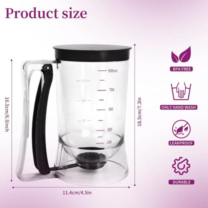 Pancake Batter Dispenser, Kitchen Must Have Tool for Perfect Pancakes, Cupcake, Waffle, Cake & Crepe, Batter Separator Maker with Measuring Label, Easy Pour Baking Supplies for Griddle (Purple)