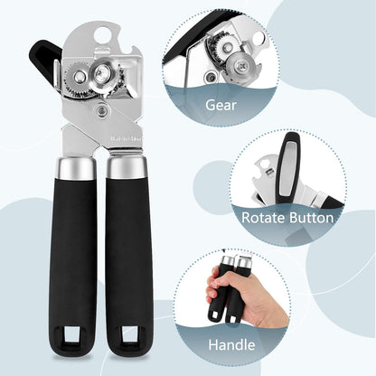 Heavy Duty Stainless Steel Smooth Edge 3-In-1 Multifunctional Manual Strong Can Bottle Opener – Soft-Grip Black