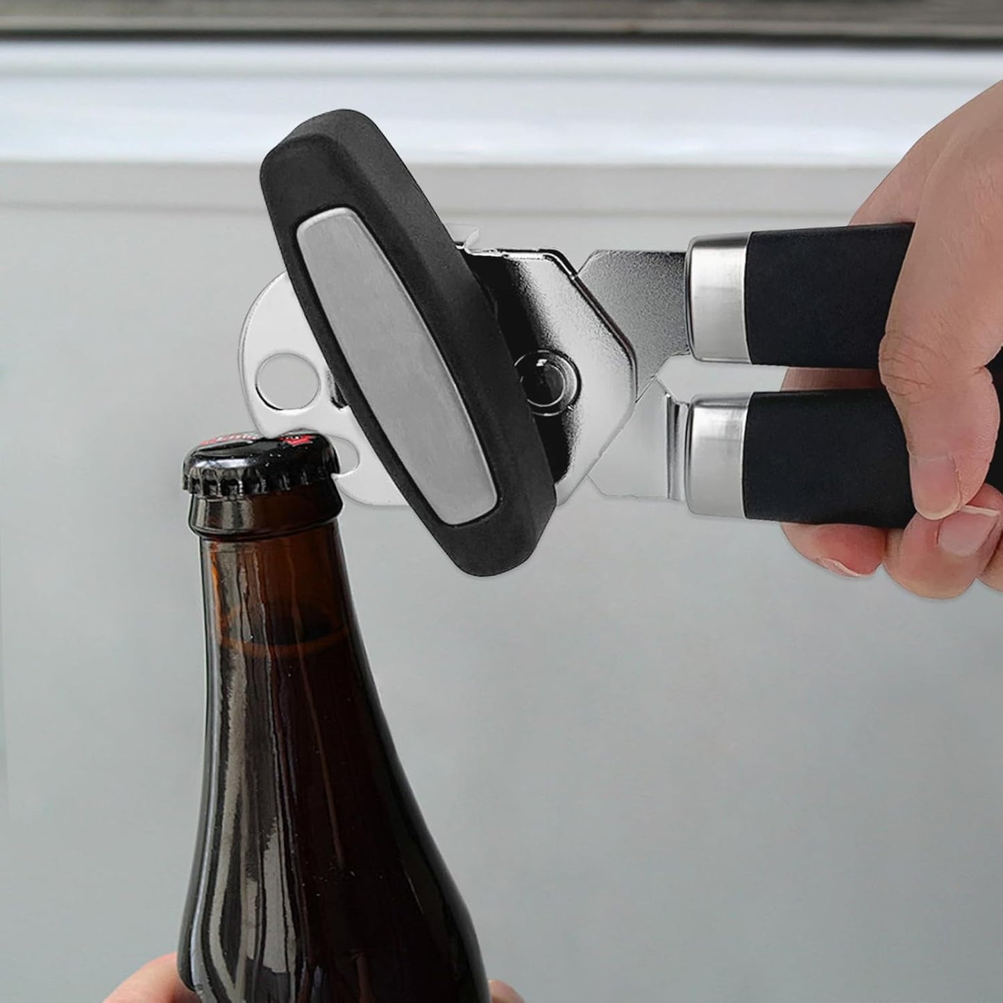 Heavy Duty Stainless Steel Smooth Edge 3-In-1 Multifunctional Manual Strong Can Bottle Opener – Soft-Grip Black