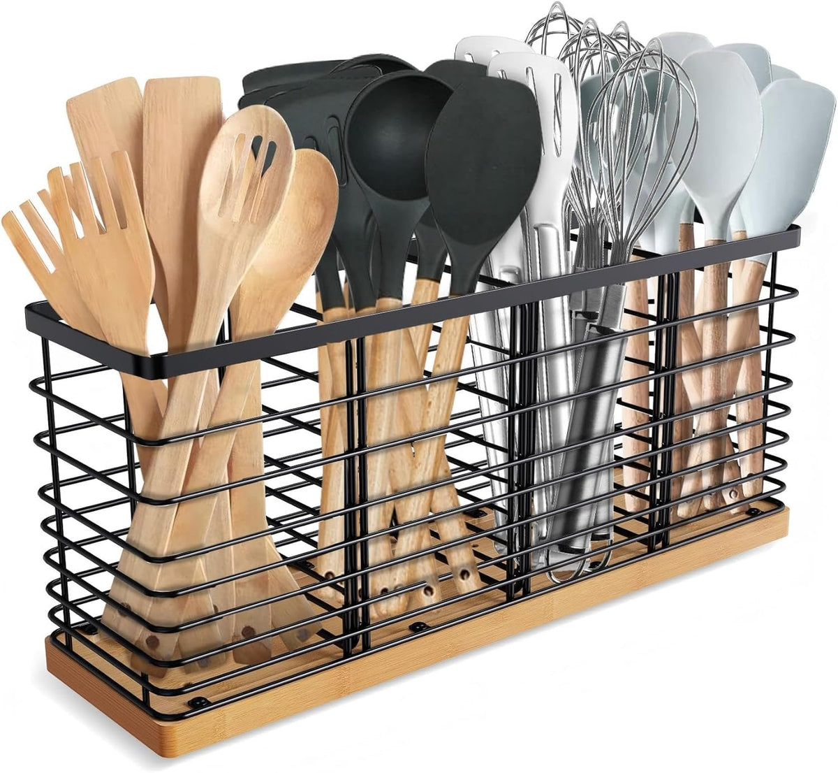 Extra Large Kitchen Utensil Holder Countertop with Removable Divider | Counter&Wall Mounted,Hold 40 Utensils,Cooking Counter Organizer Caddy for Spatula,Spoon,Wooden Base,Farmhouse,Metal,Black