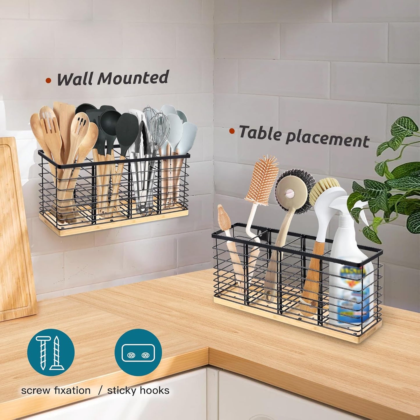 Extra Large Kitchen Utensil Holder Countertop with Removable Divider | Counter&Wall Mounted,Hold 40 Utensils,Cooking Counter Organizer Caddy for Spatula,Spoon,Wooden Base,Farmhouse,Metal,Black