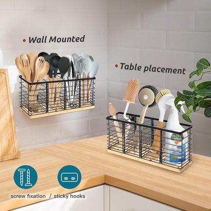 Extra Large Kitchen Utensil Holder Countertop with Removable Divider | Counter&Wall Mounted,Hold 40 Utensils,Cooking Counter Organizer Caddy for Spatula,Spoon,Wooden Base,Farmhouse,Metal,Black