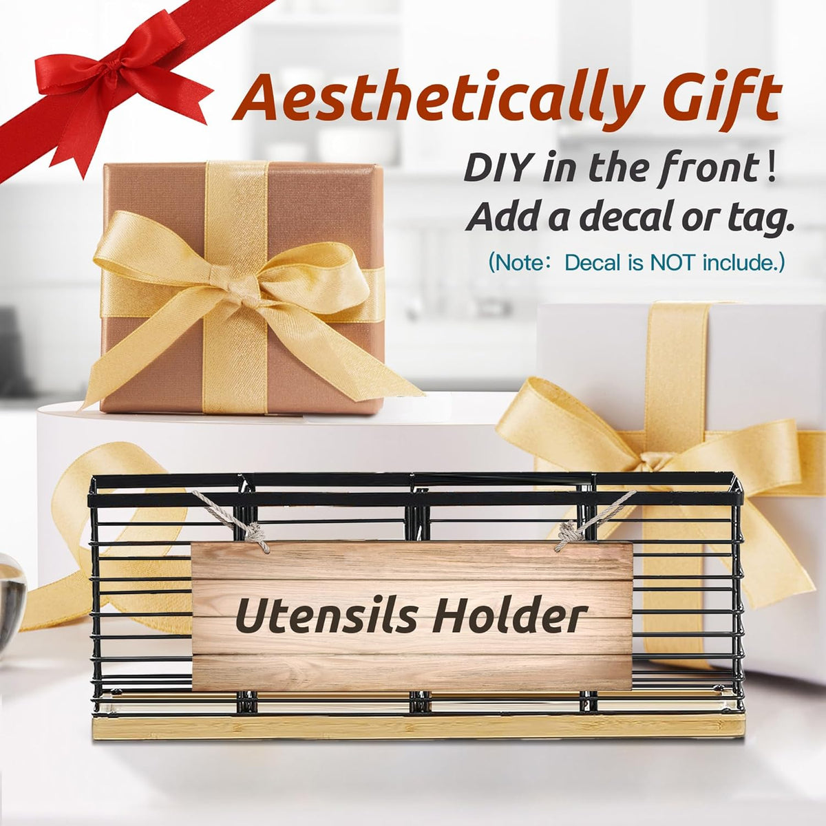 Extra Large Kitchen Utensil Holder Countertop with Removable Divider | Counter&Wall Mounted,Hold 40 Utensils,Cooking Counter Organizer Caddy for Spatula,Spoon,Wooden Base,Farmhouse,Metal,Black