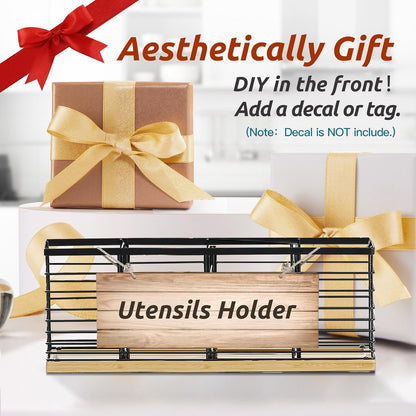 Extra Large Kitchen Utensil Holder Countertop with Removable Divider | Counter&Wall Mounted,Hold 40 Utensils,Cooking Counter Organizer Caddy for Spatula,Spoon,Wooden Base,Farmhouse,Metal,Black
