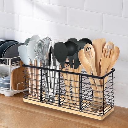 Extra Large Kitchen Utensil Holder Countertop with Removable Divider | Counter&Wall Mounted,Hold 40 Utensils,Cooking Counter Organizer Caddy for Spatula,Spoon,Wooden Base,Farmhouse,Metal,Black