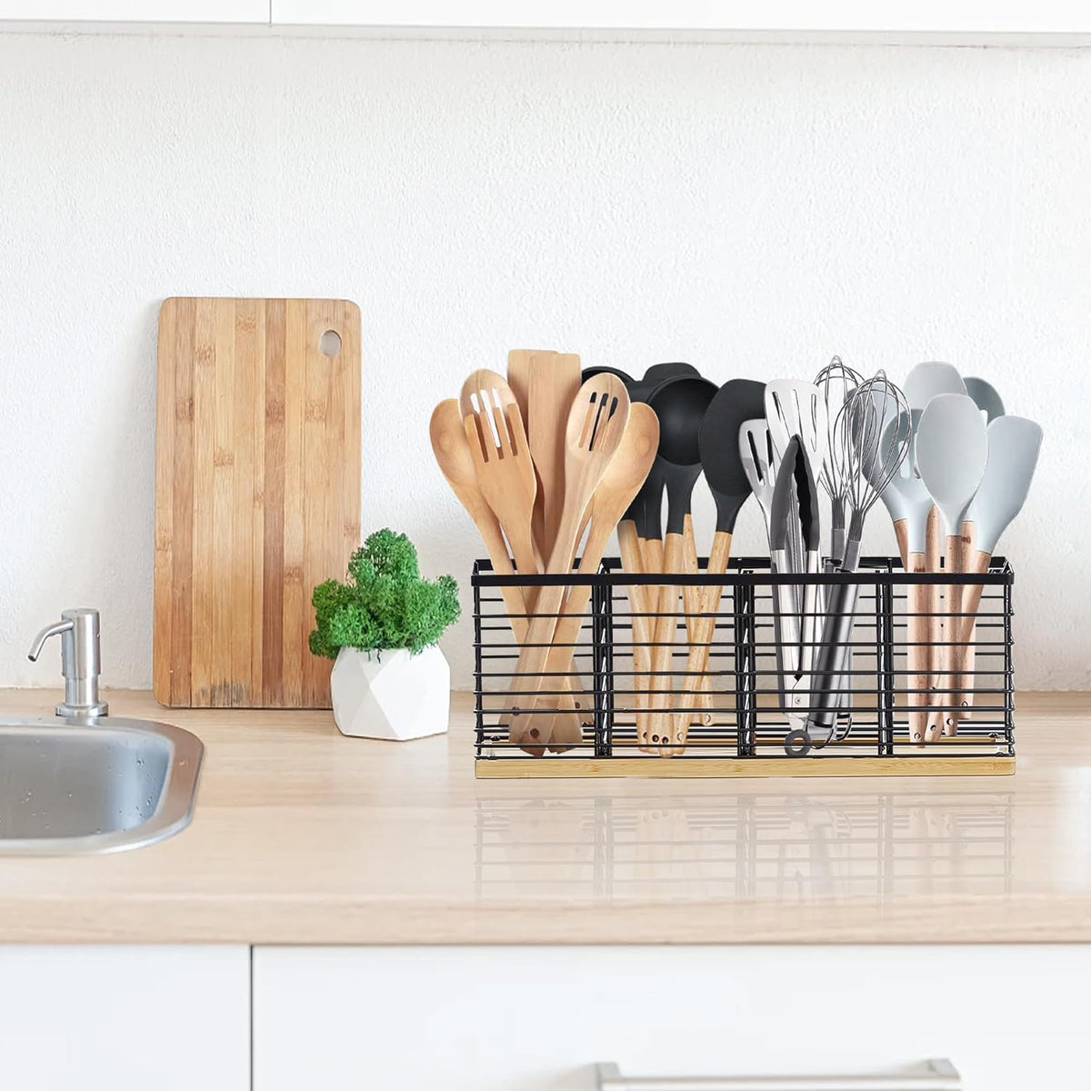 Extra Large Kitchen Utensil Holder Countertop with Removable Divider | Counter&Wall Mounted,Hold 40 Utensils,Cooking Counter Organizer Caddy for Spatula,Spoon,Wooden Base,Farmhouse,Metal,Black
