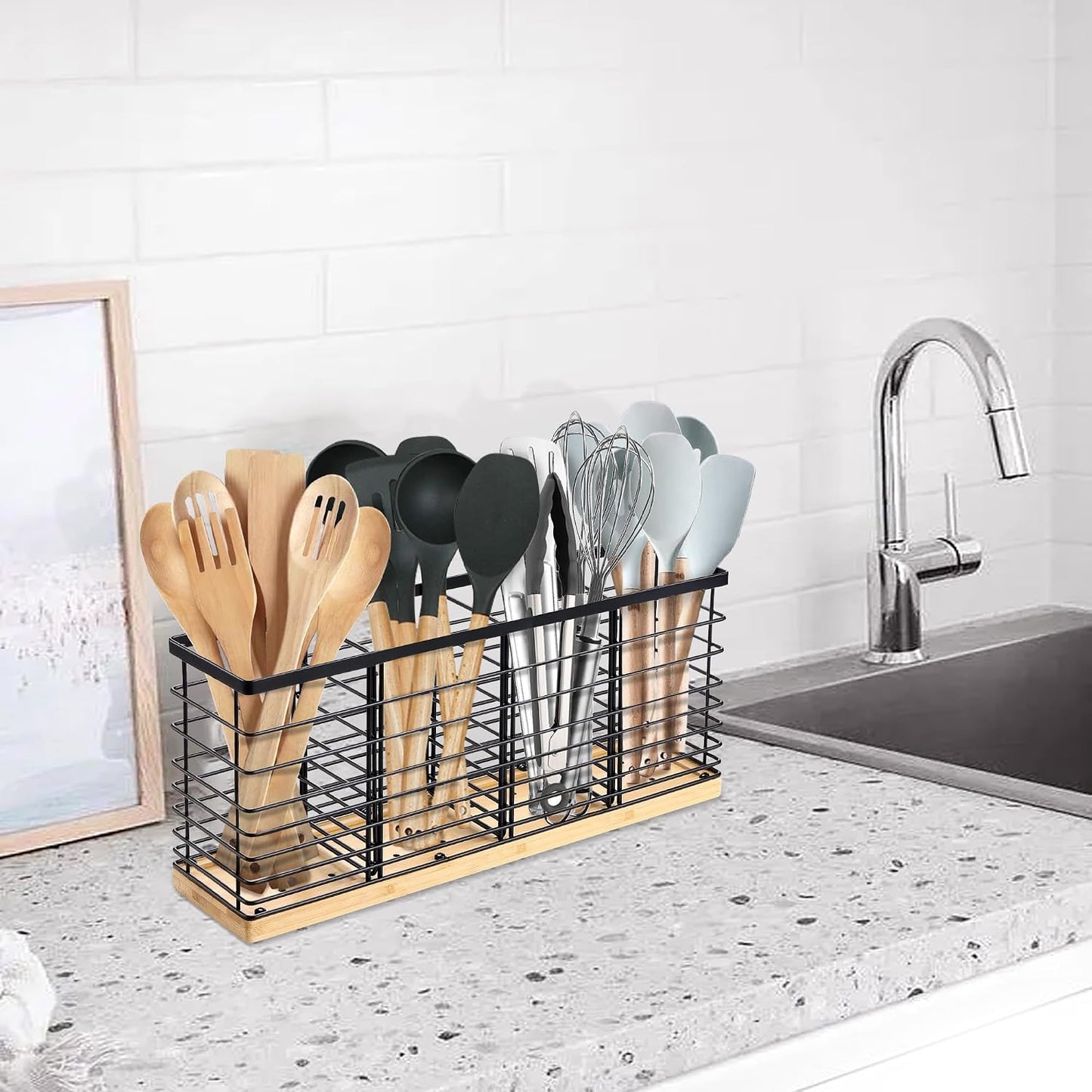 Extra Large Kitchen Utensil Holder Countertop with Removable Divider | Counter&Wall Mounted,Hold 40 Utensils,Cooking Counter Organizer Caddy for Spatula,Spoon,Wooden Base,Farmhouse,Metal,Black