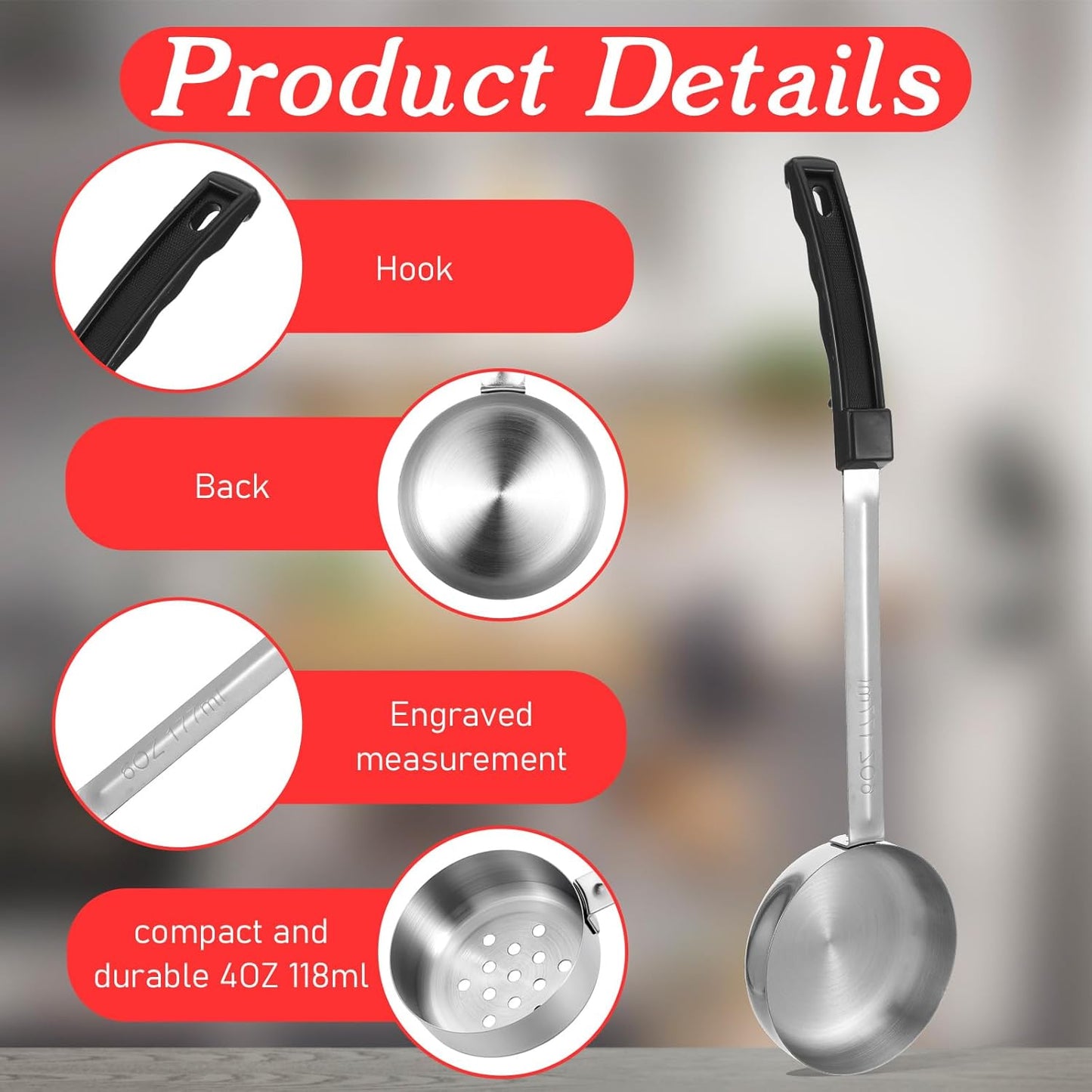 6Pcs Portion Control Serving Spoons, Portion Scoops Cups Solid and Slotted Stainless Steel Ladle Spoon for Food, Measuring Serving Utensils for Restaurants (6OZ, 4OZ, 2OZ)