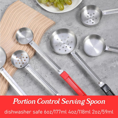 6Pcs Portion Control Serving Spoons, Portion Scoops Cups Solid and Slotted Stainless Steel Ladle Spoon for Food, Measuring Serving Utensils for Restaurants (6OZ, 4OZ, 2OZ)