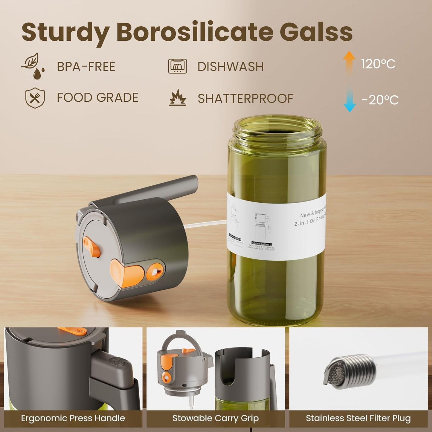 2 in 1 Oil Sprayer for Cooking, 17oz Light-Blocking Glass Spray Bottle with Stickers, Oil Dispenser for Salad, Air Fryer & BBQ