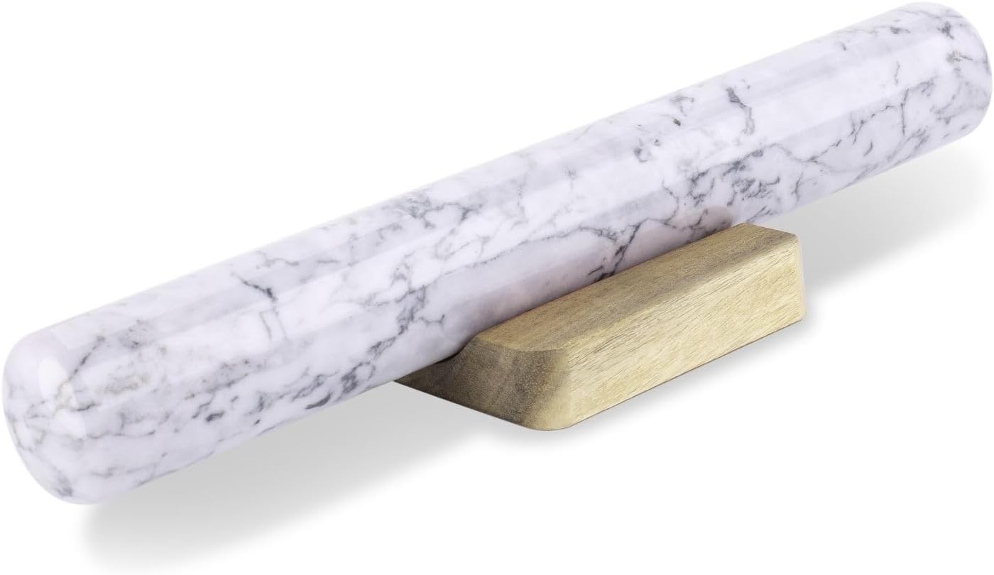 French Rolling Pin, 12 Inch White Marble Rolling Pins for Baking with Wooden Base Holder Stand - Non-Stick Baking Roller for Baking Fondant, Crust, Pastry, Cookies, Pizza, Pasta