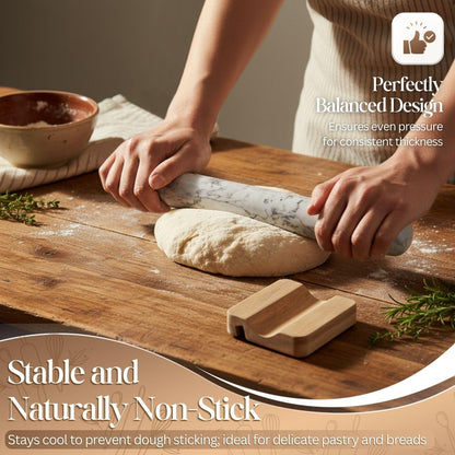 French Rolling Pin, 12 Inch White Marble Rolling Pins for Baking with Wooden Base Holder Stand - Non-Stick Baking Roller for Baking Fondant, Crust, Pastry, Cookies, Pizza, Pasta