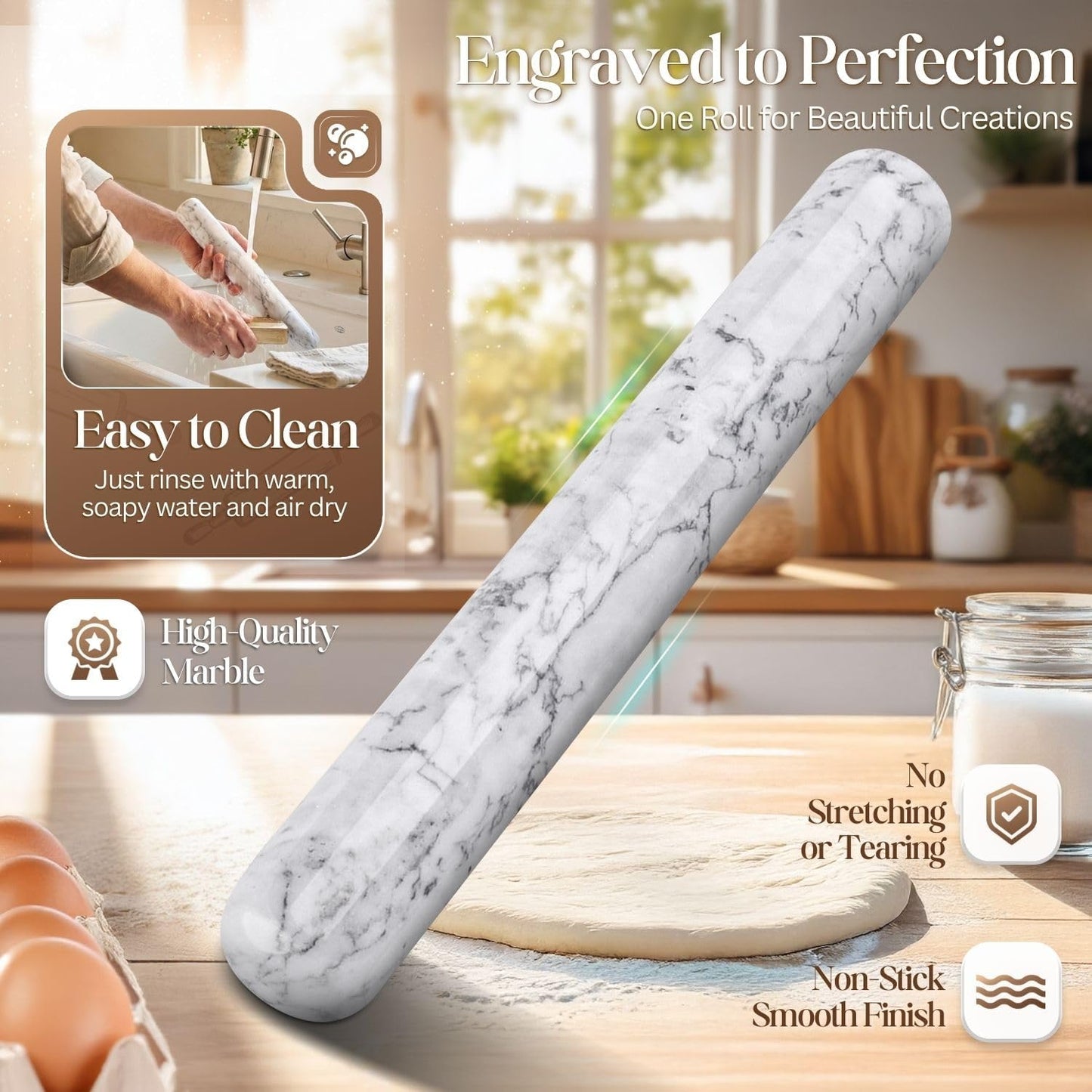 French Rolling Pin, 12 Inch White Marble Rolling Pins for Baking with Wooden Base Holder Stand - Non-Stick Baking Roller for Baking Fondant, Crust, Pastry, Cookies, Pizza, Pasta