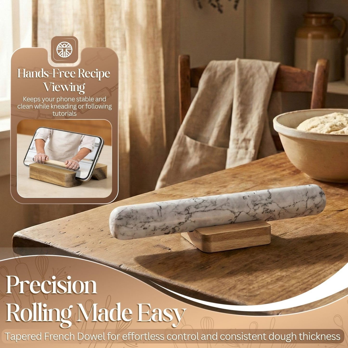 French Rolling Pin, 12 Inch White Marble Rolling Pins for Baking with Wooden Base Holder Stand - Non-Stick Baking Roller for Baking Fondant, Crust, Pastry, Cookies, Pizza, Pasta