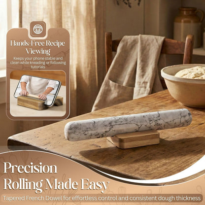 French Rolling Pin, 12 Inch White Marble Rolling Pins for Baking with Wooden Base Holder Stand - Non-Stick Baking Roller for Baking Fondant, Crust, Pastry, Cookies, Pizza, Pasta