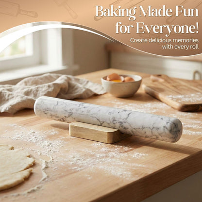French Rolling Pin, 12 Inch White Marble Rolling Pins for Baking with Wooden Base Holder Stand - Non-Stick Baking Roller for Baking Fondant, Crust, Pastry, Cookies, Pizza, Pasta