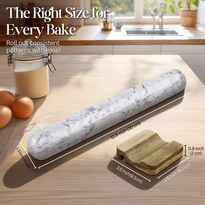French Rolling Pin, 12 Inch White Marble Rolling Pins for Baking with Wooden Base Holder Stand - Non-Stick Baking Roller for Baking Fondant, Crust, Pastry, Cookies, Pizza, Pasta