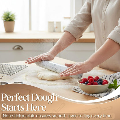 French Rolling Pin, 12 Inch White Marble Rolling Pins for Baking with Wooden Base Holder Stand - Non-Stick Baking Roller for Baking Fondant, Crust, Pastry, Cookies, Pizza, Pasta