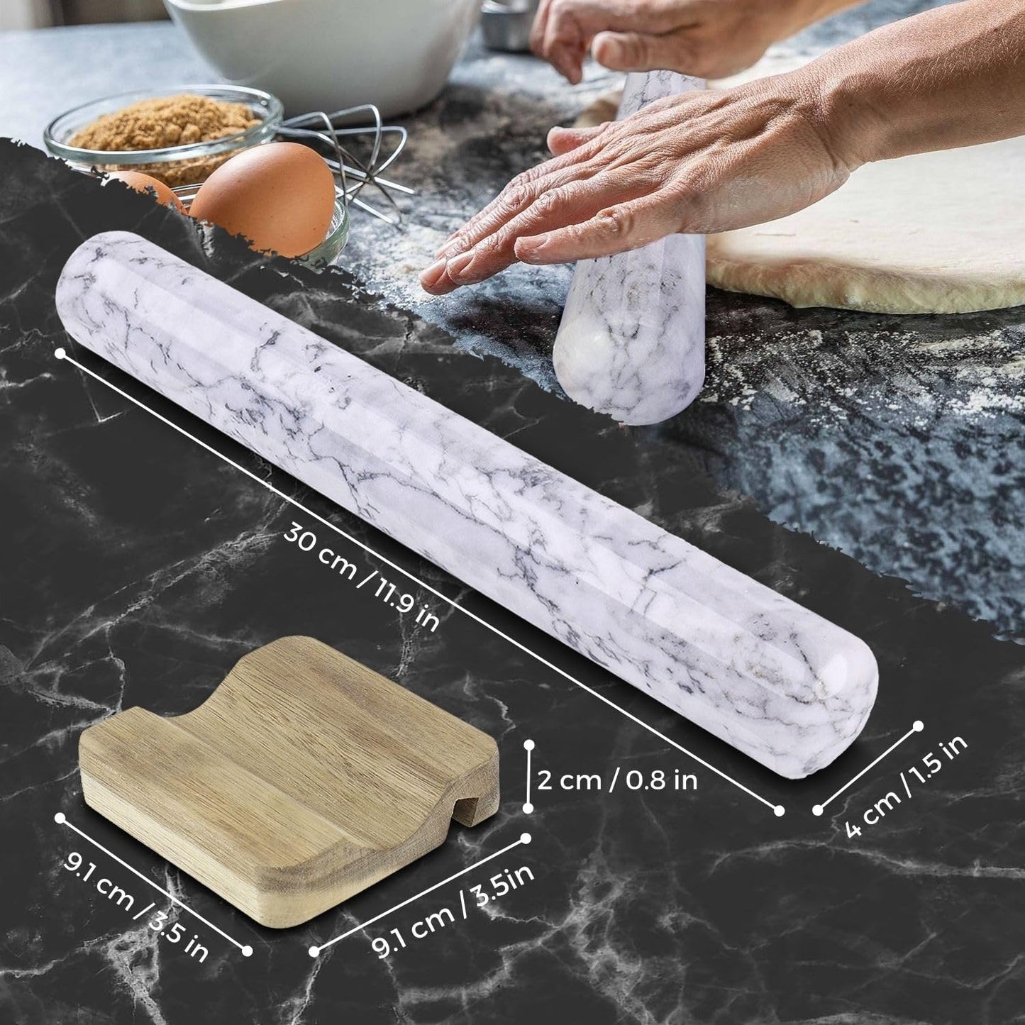 French Rolling Pin, 12 Inch White Marble Rolling Pins for Baking with Wooden Base Holder Stand - Non-Stick Baking Roller for Baking Fondant, Crust, Pastry, Cookies, Pizza, Pasta