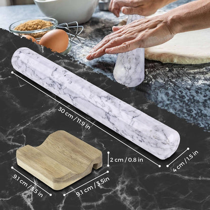 French Rolling Pin, 12 Inch White Marble Rolling Pins for Baking with Wooden Base Holder Stand - Non-Stick Baking Roller for Baking Fondant, Crust, Pastry, Cookies, Pizza, Pasta