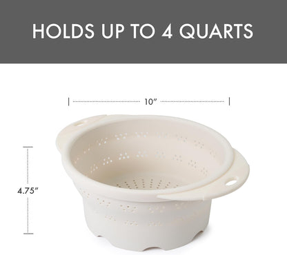 10" Collapsible Silicone Colander in Cream, Kitchen Strainer with Handles, 15.1 Cup Capacity | BPA-Free, Heat-Resistant, Space-Saving Kitchen Tool