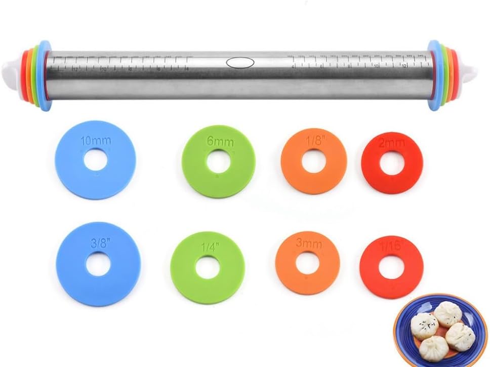 Rolling Pin and Silicone Baking Pastry Mat Set, Stainless Steel Dough Roller with Adjustable Thickness Rings, for Pizza, Pie, Pastries, Pasta, Cookies (Black)