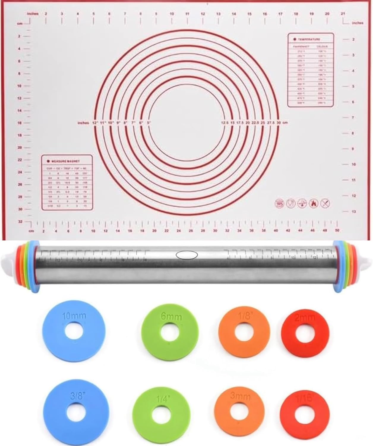 Rolling Pin and Silicone Baking Pastry Mat Set, Stainless Steel Dough Roller with Adjustable Thickness Rings, for Pizza, Pie, Pastries, Pasta, Cookies (Black)