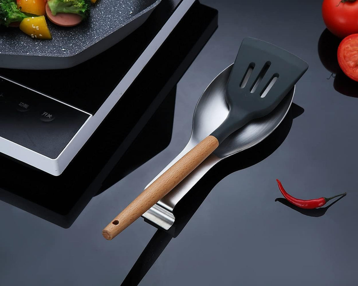 Matte Silver Spoon Rest, Stainless Steel Spoon Holder for Stove Top, kitchen utensils Holder for Ladles, Tongs, Spatula, Stove Spoon Holder, Pot Lid Holder, Dishwasher Safe (1PC-9.5 Inch)