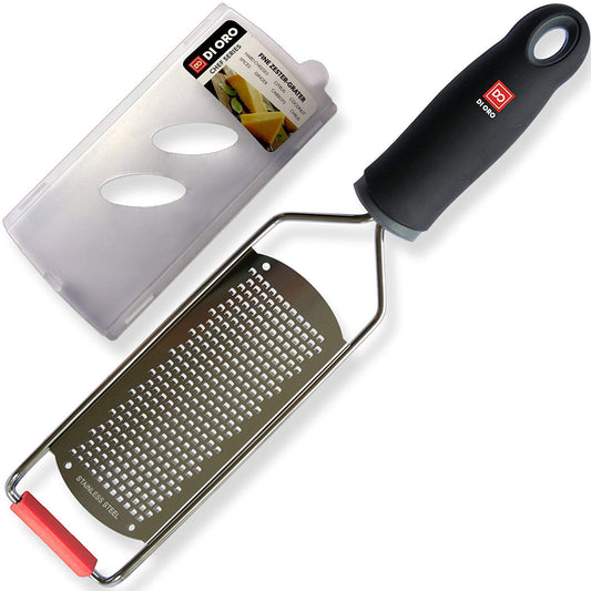 DI ORO Zester Grater - Stainless Steel Lemon Zester with Handle - Parmesan Cheese Grater Razor Sharp - Kitchen Citrus Zester Tool for Grating & Shredding Garlic, Ginger, & Lemons - Dishwasher Safe