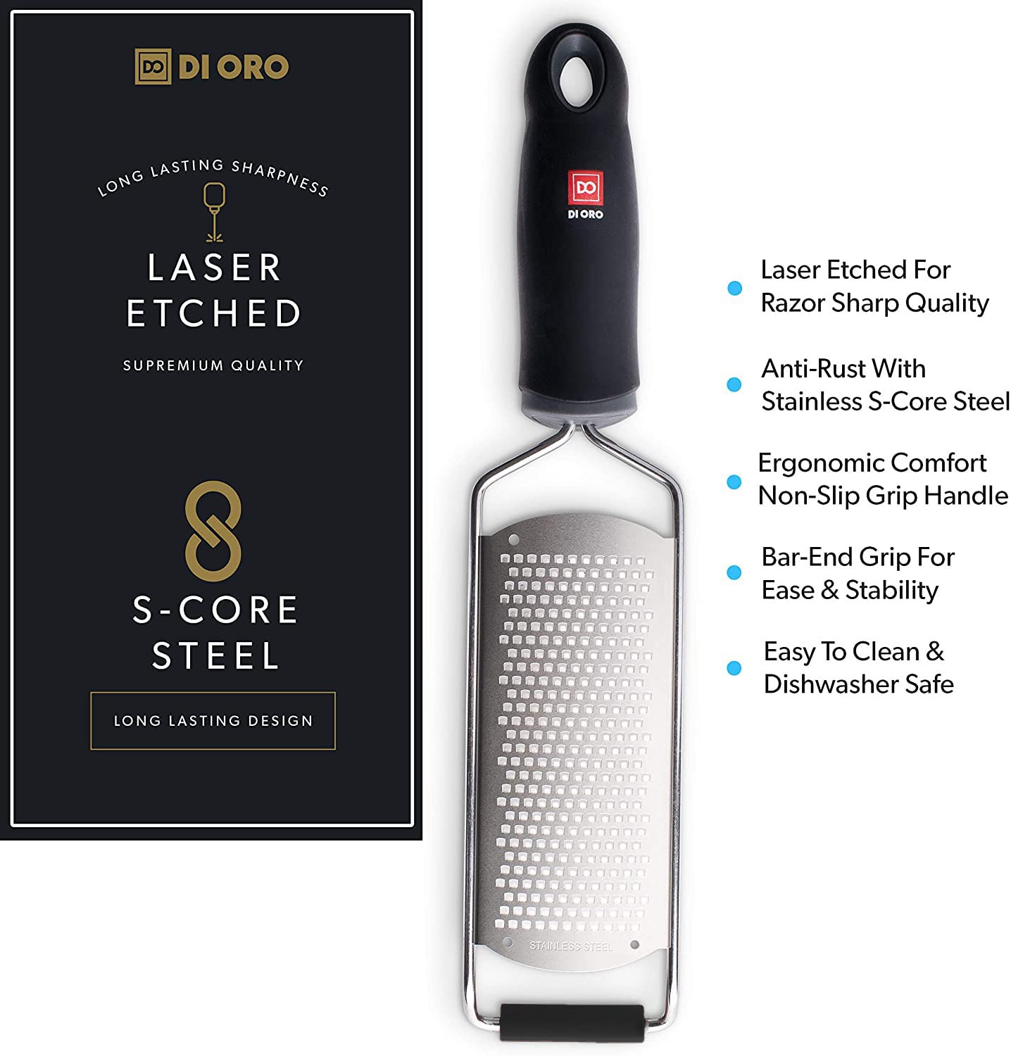 DI ORO Zester Grater - Stainless Steel Lemon Zester with Handle - Parmesan Cheese Grater Razor Sharp - Kitchen Citrus Zester Tool for Grating & Shredding Garlic, Ginger, & Lemons - Dishwasher Safe