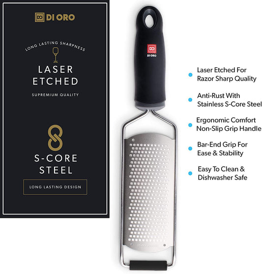 DI ORO Zester Grater - Stainless Steel Lemon Zester with Handle - Parmesan Cheese Grater Razor Sharp - Kitchen Citrus Zester Tool for Grating & Shredding Garlic, Ginger, & Lemons - Dishwasher Safe
