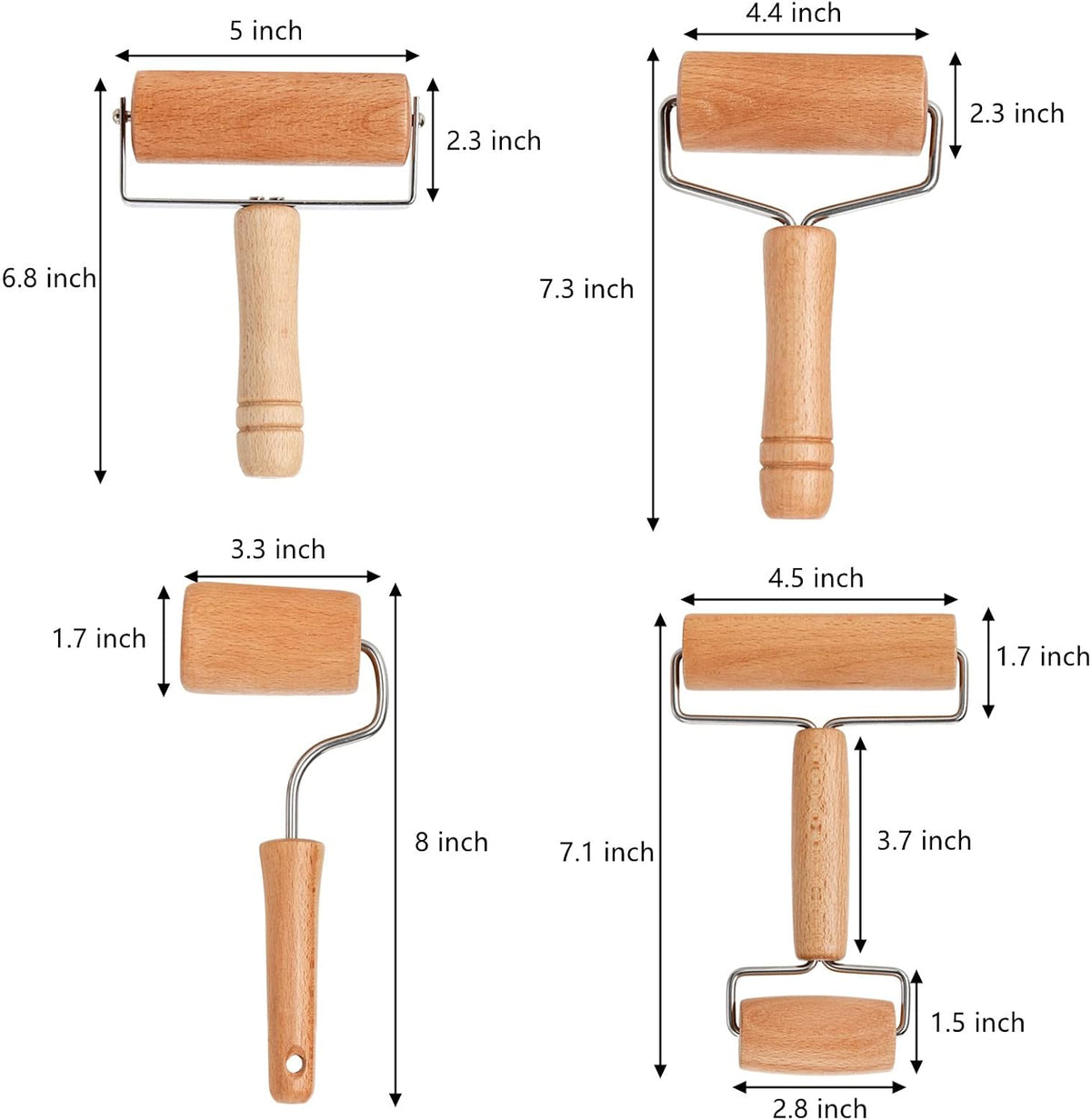 4 Pack Wood Pastry Pizza Roller, Non Stick Wooden Rolling Pin for Home, Professional Dough Roller Tool Set for Baking, Cooking, Multifunction Craft Clay Roller, Easy to Handle