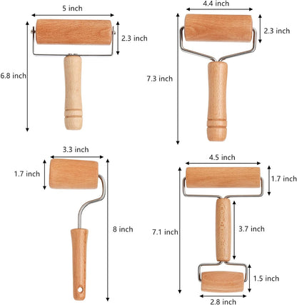 4 Pack Wood Pastry Pizza Roller, Non Stick Wooden Rolling Pin for Home, Professional Dough Roller Tool Set for Baking, Cooking, Multifunction Craft Clay Roller, Easy to Handle