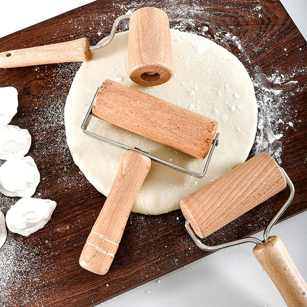 4 Pack Wood Pastry Pizza Roller, Non Stick Wooden Rolling Pin for Home, Professional Dough Roller Tool Set for Baking, Cooking, Multifunction Craft Clay Roller, Easy to Handle