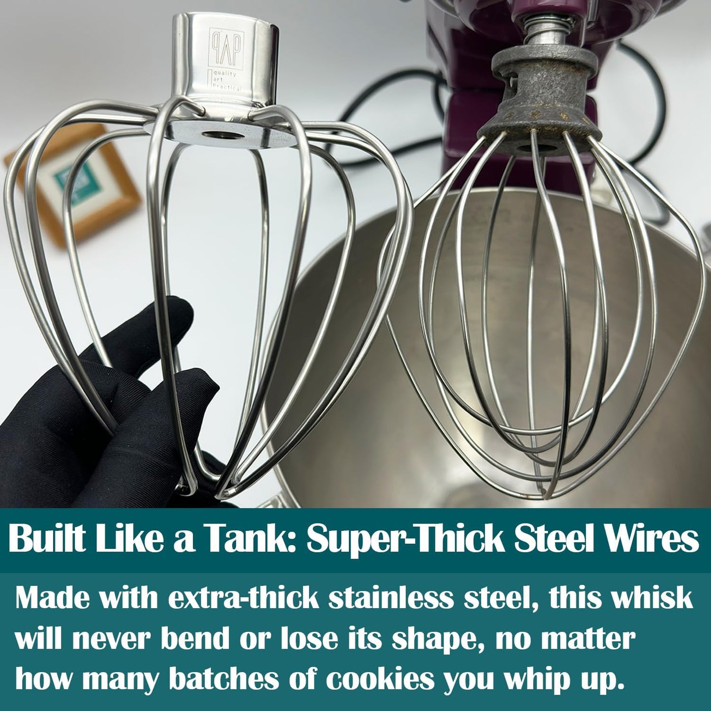 QAP Stainless Steel Wire Whip Fits KitchenAid 4.5 5 QT Tilt Head | Fits K45SS KSM150 KN15 KSM90, thicker heavy duty wires, for rapid aeration and whipping, dishwasher safe