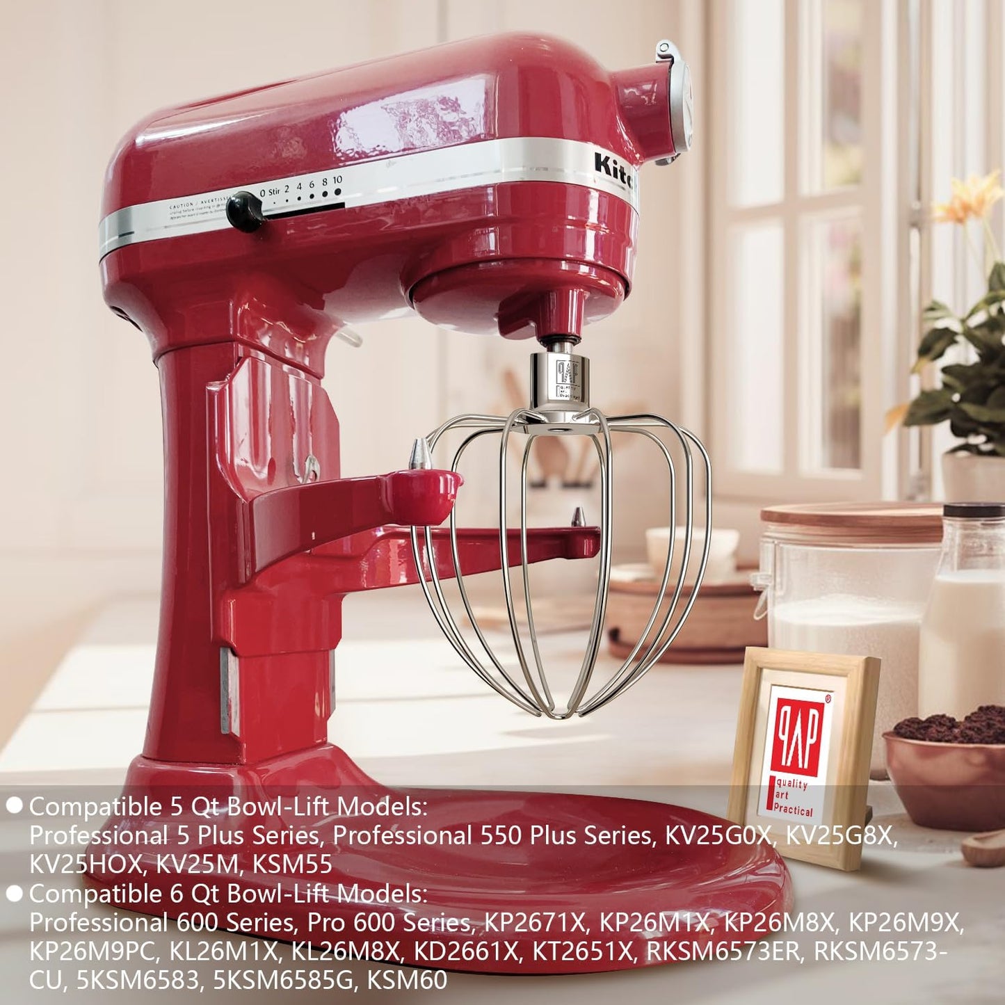 QAP Stainless Steel Wire Whip Fits KitchenAid 4.5 5 QT Tilt Head | Fits K45SS KSM150 KN15 KSM90, thicker heavy duty wires, for rapid aeration and whipping, dishwasher safe