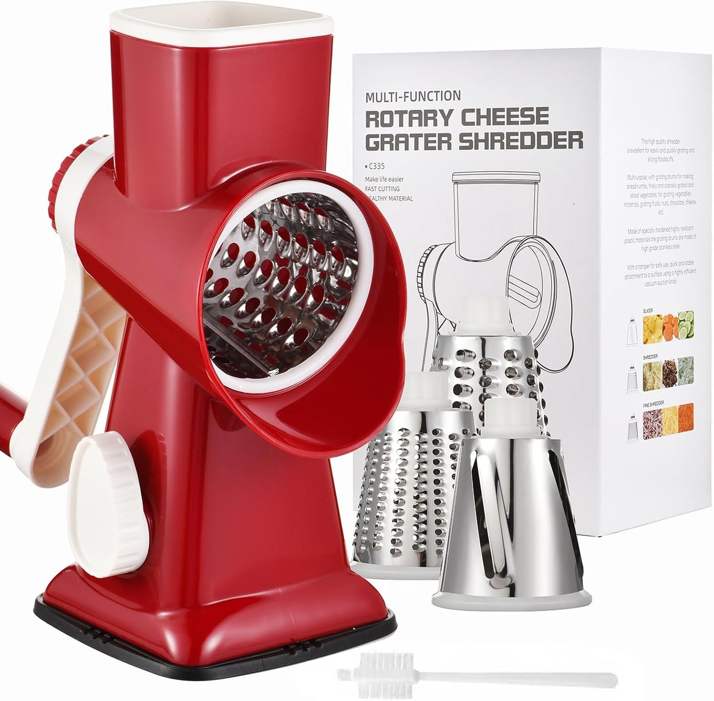 Rotary Cheese Grater Manual Hand Crank 3-in-1 Vegetable Shredde | Finger-safe design, stainless steel drums, suction base. Perfect for cheese, vegetables, nuts & chocolate. Easy to clean