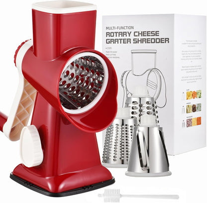 Rotary Cheese Grater Manual Hand Crank 3-in-1 Vegetable Shredde | Finger-safe design, stainless steel drums, suction base. Perfect for cheese, vegetables, nuts & chocolate. Easy to clean