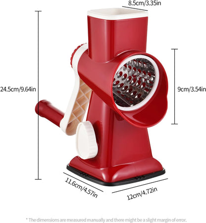 Rotary Cheese Grater Manual Hand Crank 3-in-1 Vegetable Shredde | Finger-safe design, stainless steel drums, suction base. Perfect for cheese, vegetables, nuts & chocolate. Easy to clean